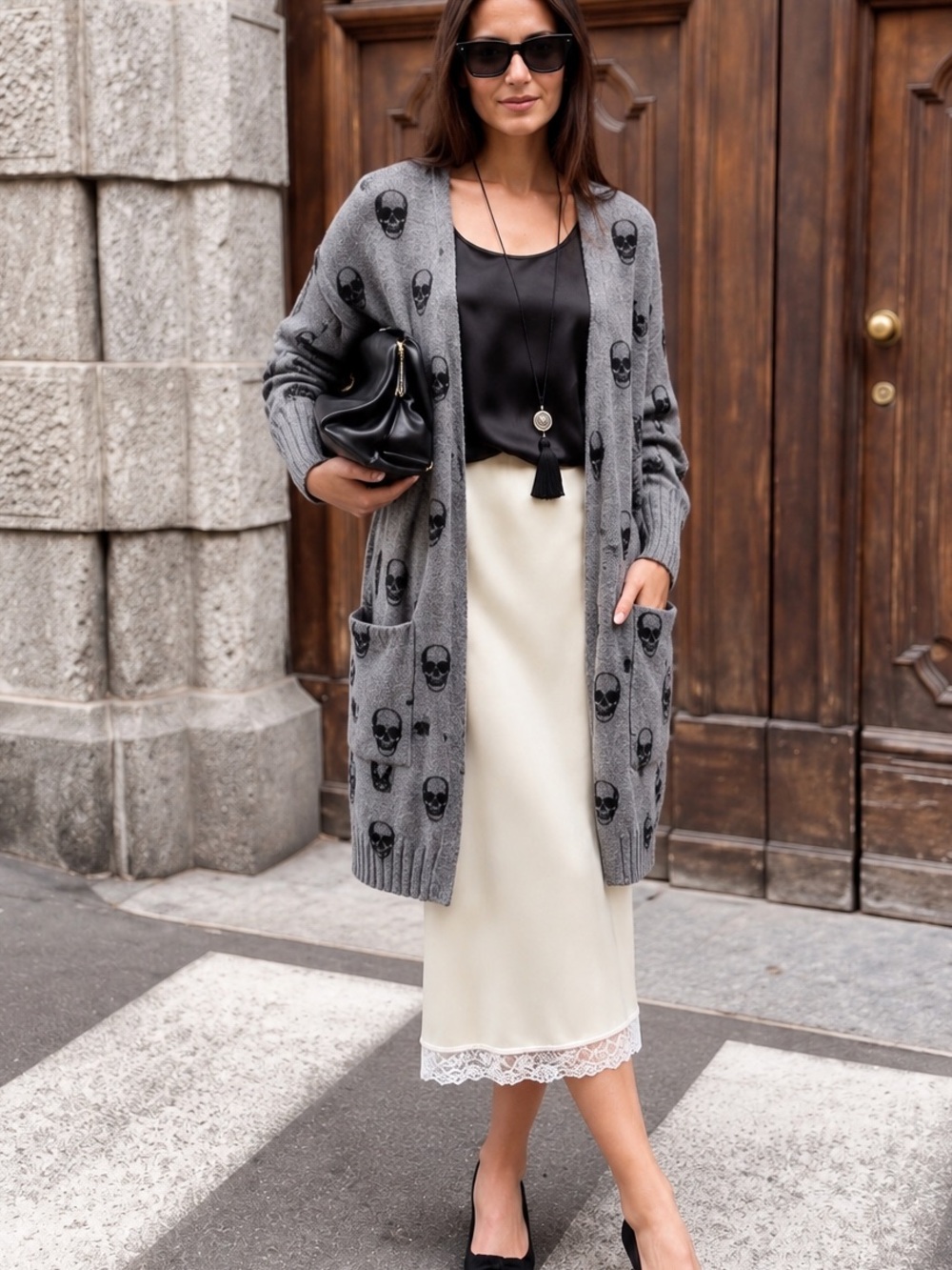 Skull Cashmere Gray Skull-Print Open Knit Cardigan